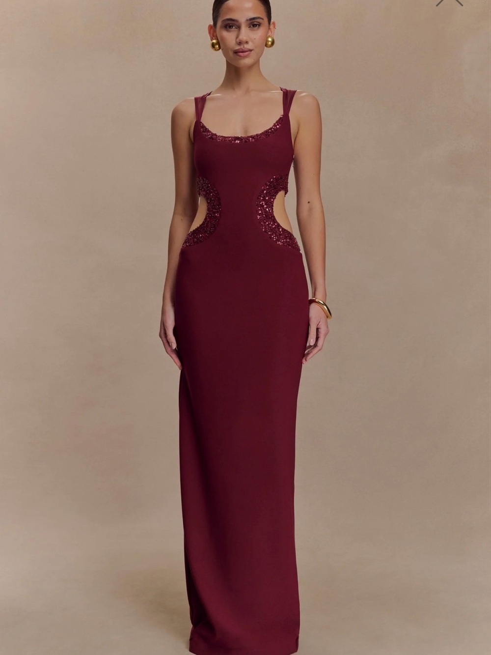 Meshki Wine Red Sequin Cutout Maxi Dress